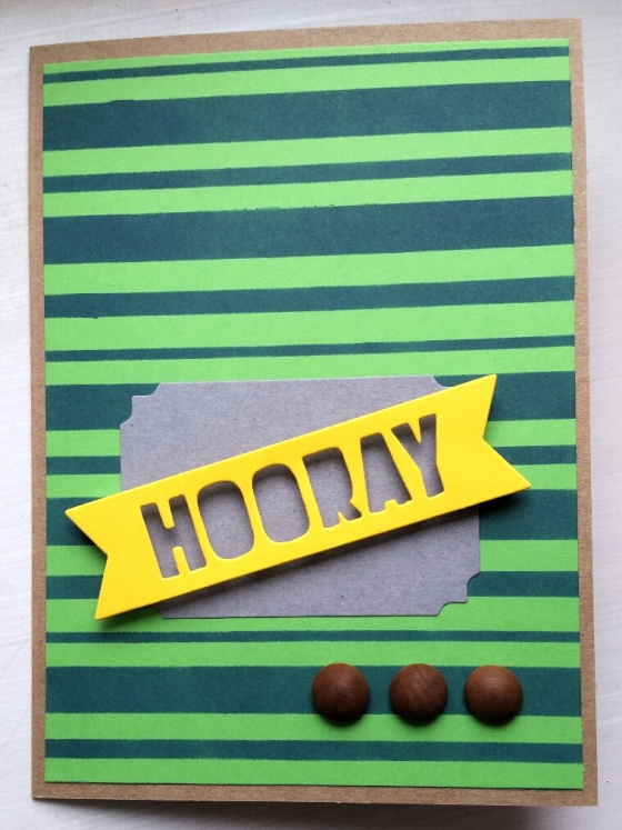 A Bit Of Glue & Paper - handmade masculine birthday greeting card, navy stripes, yellow die cut HOORAY, wooden dot embellishments; CAS(E) This Sketch 216 #CTS216 - Vancouver BC