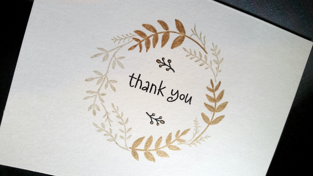 A Bit Of Glue & Paper - handmade clean and simple thank you card stamped in gold with leaves in a circle, thank you in black, some leaves embellished with gold gel pen; CASology 245 #CASology254 - Vancouver BC
