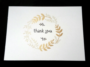 A Bit Of Glue & Paper - handmade clean and simple thank you card stamped in gold with leaves in a circle, thank you in black, some leaves embellished with gold gel pen; CASology 245 #CASology254 - Vancouver BC